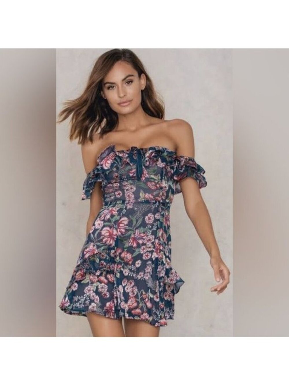 For Love & Lemons Flora Off-Shoulder Mini Dress in Blue and pink Floral medium